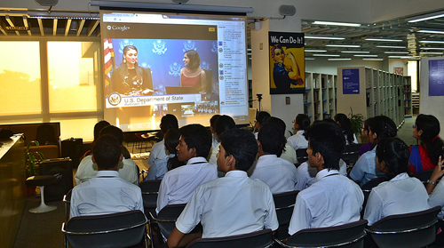 Miss America interacts with students