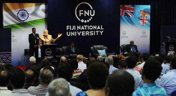 Modi being received on his arrival, at Nausori International Airport