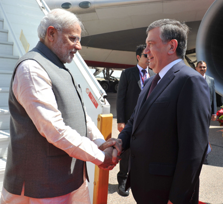 Modi arrives at "Tashkent -1" Airport, in Tashkent, Uzbekistan