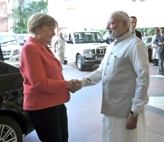 Narendra Modi and the German Chancellor, Dr. Angela Merkel visiting the Robert Bosch Engineering & Innovation Centre, in Bengaluru