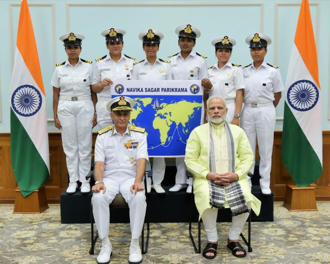 PM Modi meets Indian Navy women officers venturing to sail around the world 