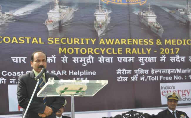 The former Air Chief Marshal Arup Raha flagging off the Coast Guard Motor Cycle Rally Cum Medical Campaign
