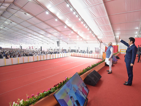 Narendra Modi and the Prime Minister of Japan, Mr. Shinzo Abe at Ground Breaking ceremony of Mumbai-Ahmedabad High Speed Rail Project