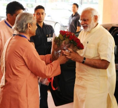 Narendra Modi arrives at the release of Special Commemorative Postage Stamp on 100 years of Yogoda Satsang Math, at Vigyan Bhawan