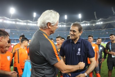 AIFF President Praful Patel meets U-17 WC team at training session