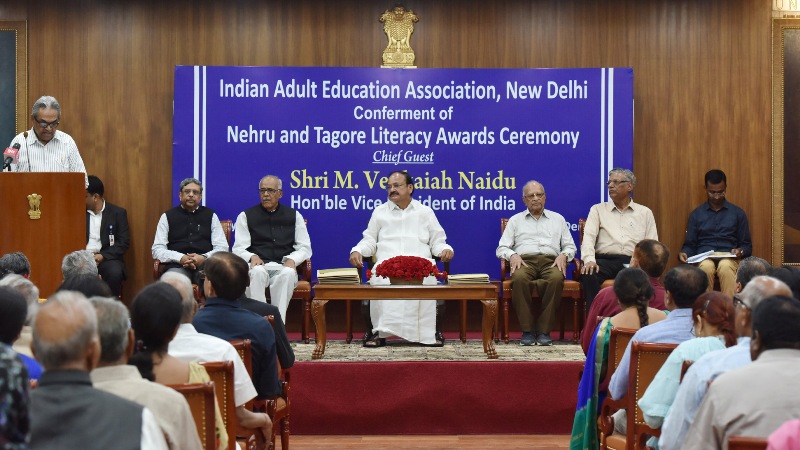VP  Naidu addresses gathering after conferring Nehru and Tagore Literacy Awards 