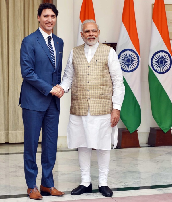 Canadian PM Justin Trudeau calls on Indian PM Narendra Modi at Hyderabad House, New Delhi