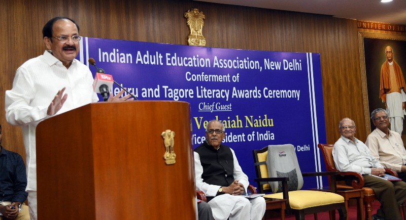 VP  Naidu addresses gathering after conferring Nehru and Tagore Literacy Awards 
