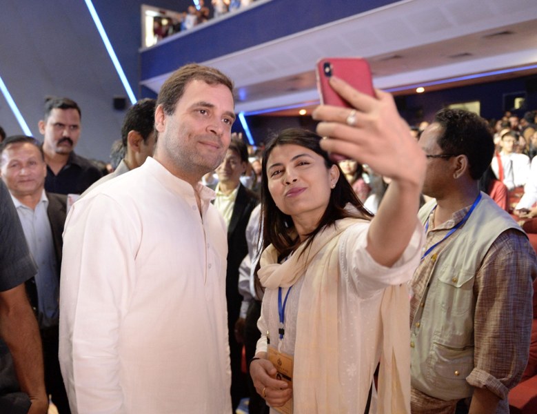 Rahul Gandhi interacts with students in Imphal