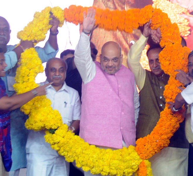 Amit Shah with Vijay Rupani at Plantation Drive and flagging off of vehicles in Ahmedabad