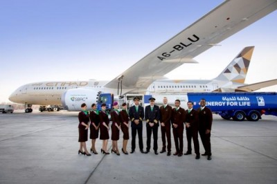 Etihad Airways flies world's first flight using fuel made in UAE from plants grown in salt water by Khalifa University 