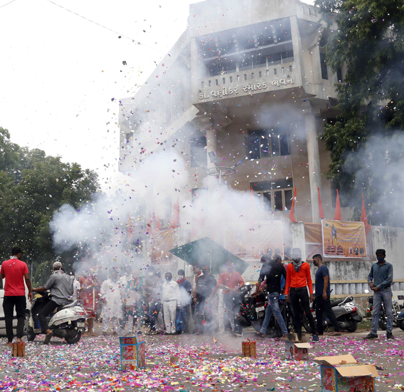 Ayodhya: VHP workers participates in a celebration to mark the groundbreaking ceremony