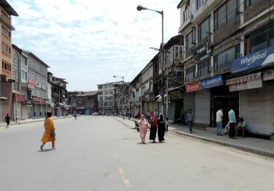 A view of the closed Hari Singh street in Srinagar amid Covid lockdown