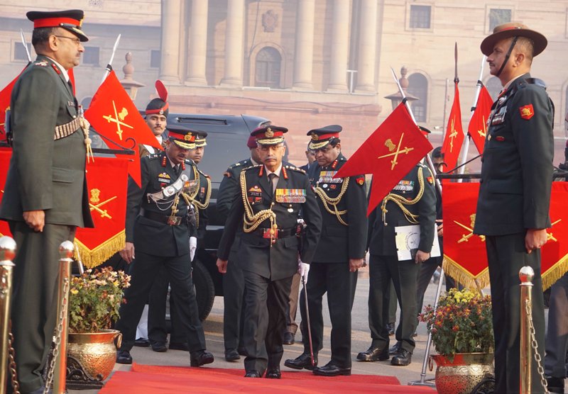 Army chief MM Narwane talk to reporters after inspecting guard of honour