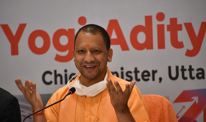 NCP leaders raise slogans outside Trident hotel against the Uttar Pradesh CM Yogi Adityanath