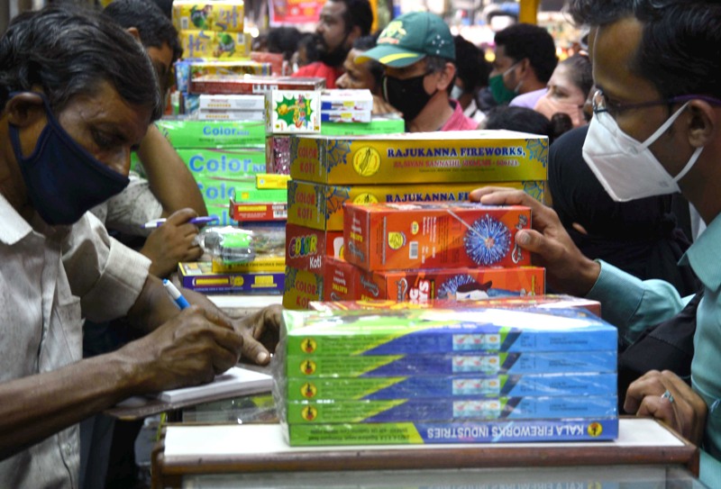 People buy firecrackers for Diwali in Mumbai