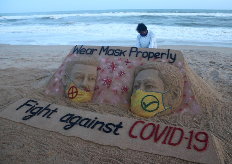 Sudarsan Pattnaik's sand sculpture on COVID in Puri