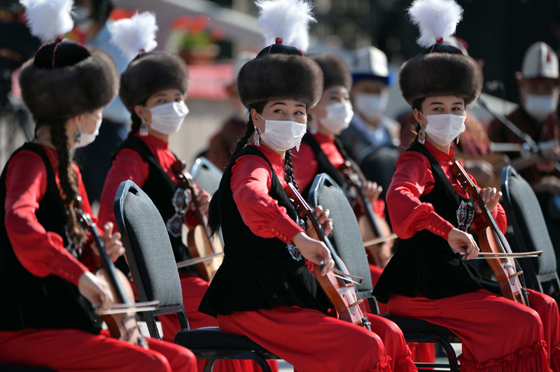Musicians take part in a performance during a celebration to mark Kyrgyzstans 29th independence anniversary
