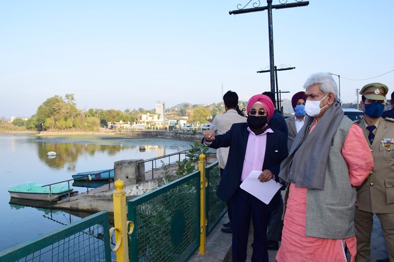 Jammu and Kashmir Lt Guv Manoj Singa reviews Surinder Lake