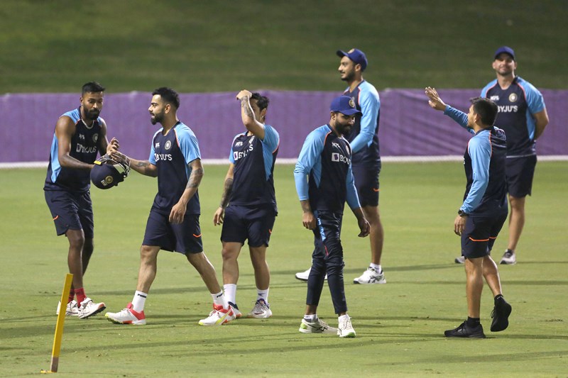 Ravi Shastri with Rohit Sharma during practice session in Dubai