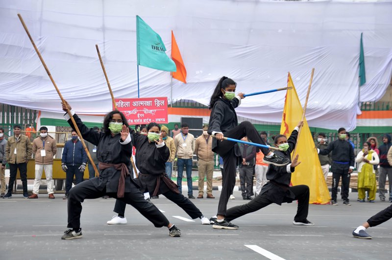 Police personnel marching during full dress rehearsal for Republic Day