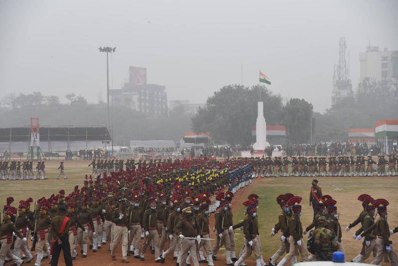Police personnel marching during full dress rehearsal for Republic Day