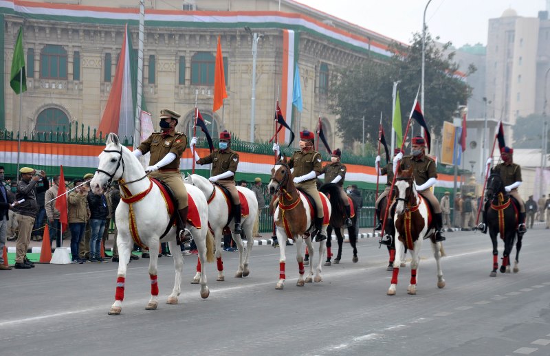 Police personnel marching during full dress rehearsal for Republic Day