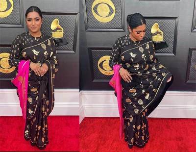 American singer Maryanne J. George walks Grammy red carpet in a House of Masaba Saree
