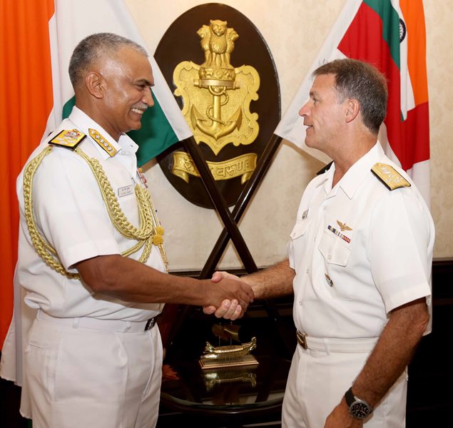 Chief of Naval Staff R Hari Kumar welcomes Commander of Us Indo-Pacific Command John Aquilino in Delhi