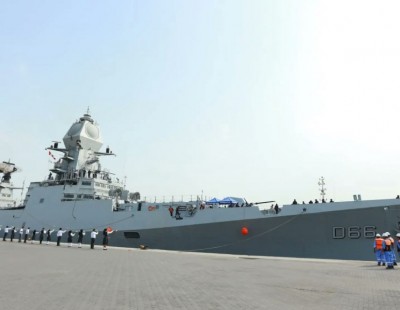 INS Visakhapatnam docks at Al-Shuwaikh Port in Kuwait