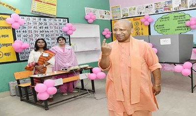 UP civic polls: CM Yogi Adityanath casts his vote at a polling booth in Gorakhpur