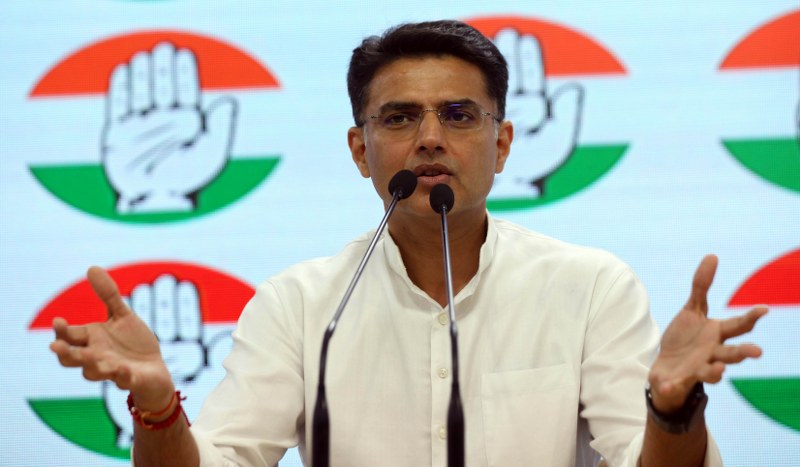 Sachin Pilot addressing media at AICC headquarters in Delhi