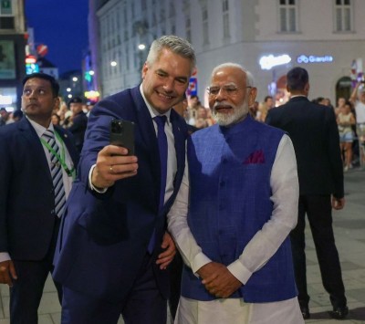 Prime Minister Narendra Modi meets Austrian Chancellor Karl Nehammer shortly after arriving in Vienna, says he is looking forward to discussions