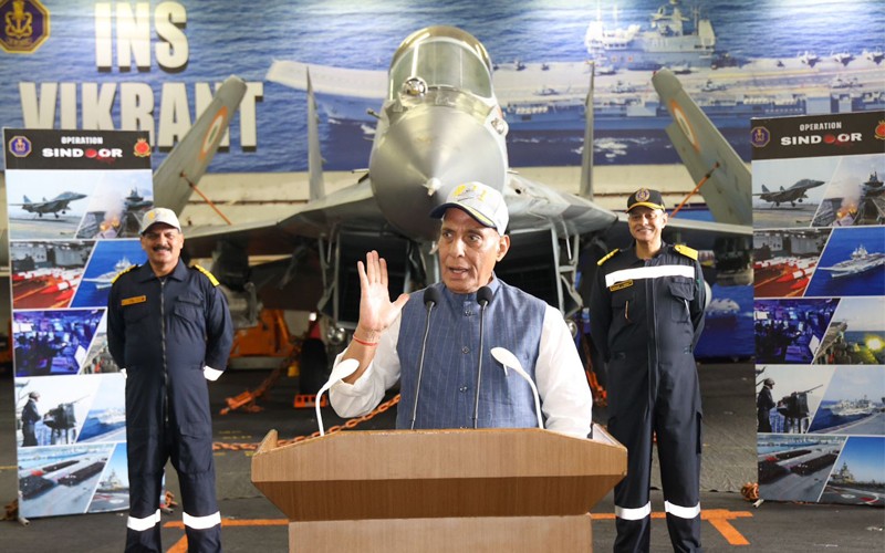 In Images: Rajnath Singh addresses officers onboard INS Vikrant