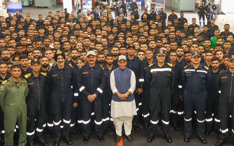 In Images: Rajnath Singh addresses officers onboard INS Vikrant