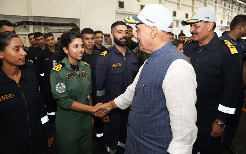 In Images: Rajnath Singh addresses officers onboard INS Vikrant