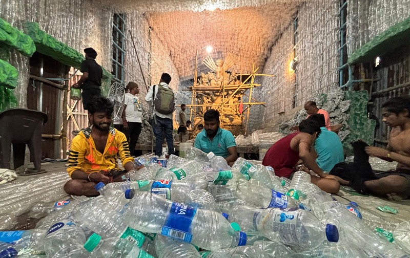 Kolkata’s Lalabagan Nabankur crafts Durga Puja Pandal with 3 lakh plastic bottles