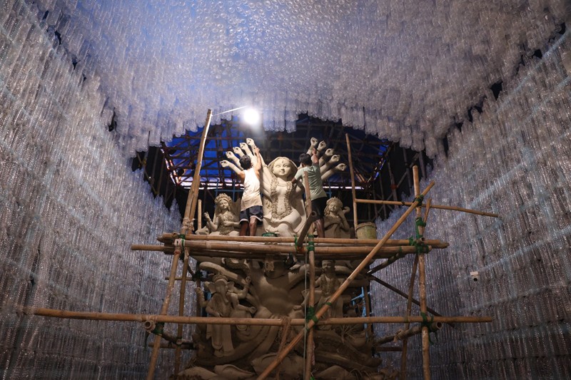 Kolkata’s Lalabagan Nabankur crafts Durga Puja Pandal with 3 lakh plastic bottles