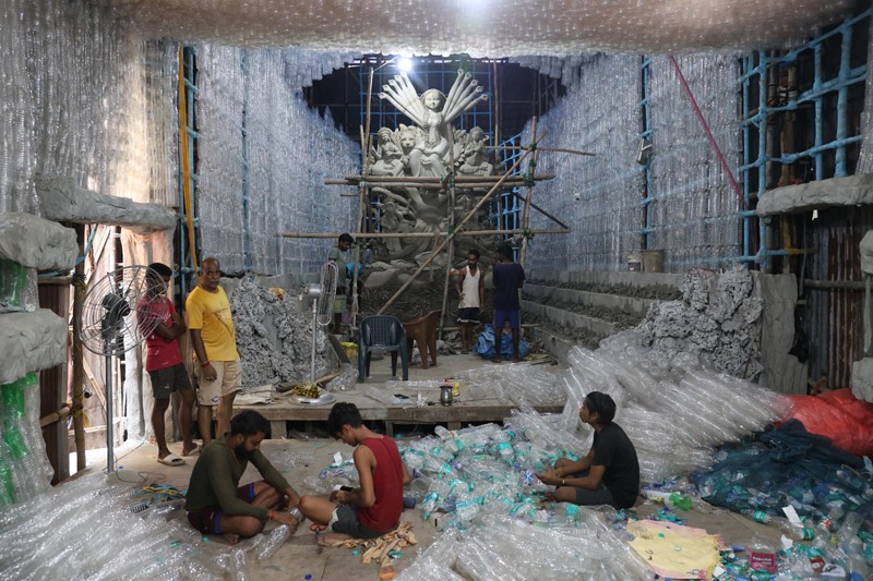 Kolkata’s Lalabagan Nabankur crafts Durga Puja Pandal with 3 lakh plastic bottles