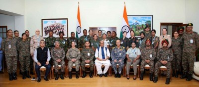 Rajnath Singh interacts with global women peacekeepers