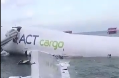 Hong Kong: Cargo plane skids off runway into sea; two ground staff killed