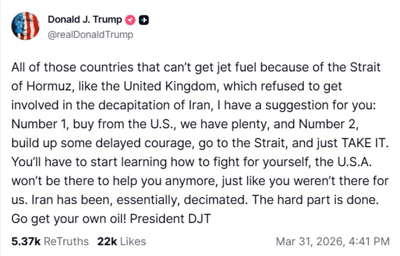 Trump tells allies to secure oil themselves as Hormuz blockade disrupts global energy flows.