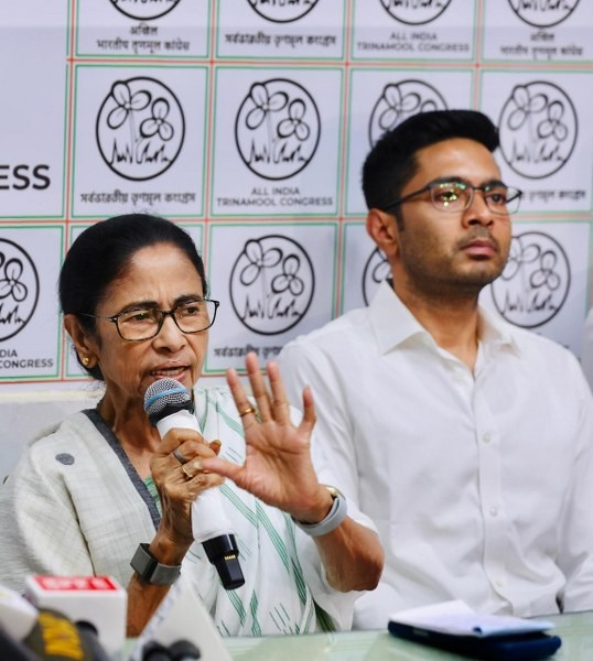In Images: Mamata Banerjee, Abhishek Banerjee address media after Bengal poll defeat