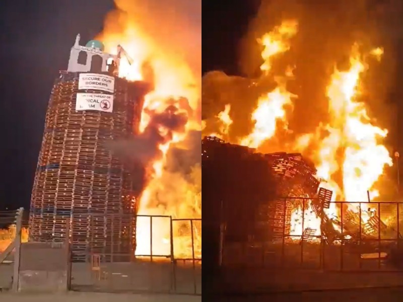 Authorities launched a hate crime investigation after a replica mosque was burned during a loyalist bonfire.
