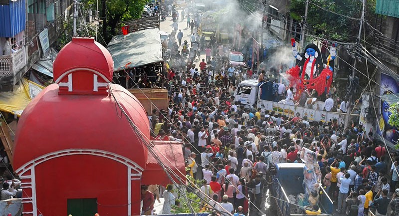 In Images: Kolkata's Fata Kesto Kali idol arrives at pandal in grand procession