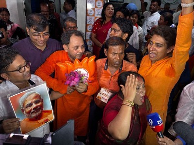 In Images: BJP Kolkata HQ erupts in joy as party on way to Bengal victory